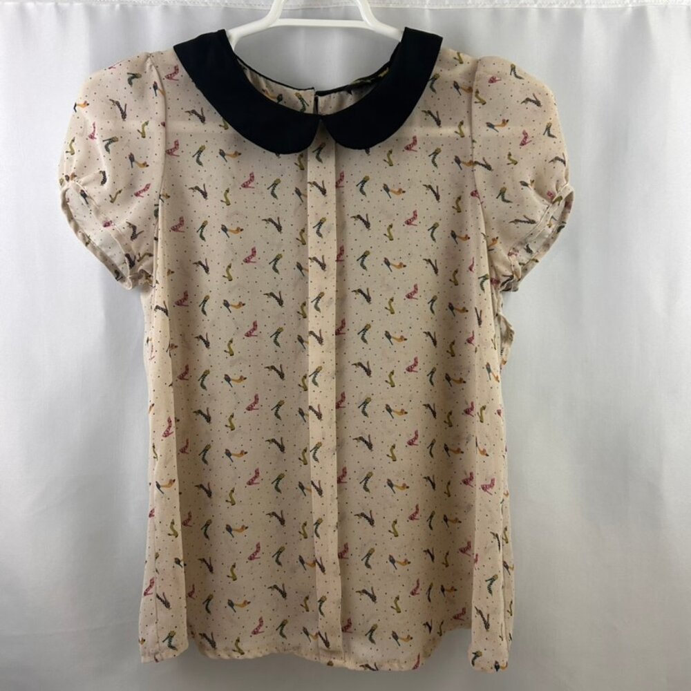 Angeleye London Women's Large High Heel Shoe Print Blouse Cream colored Black